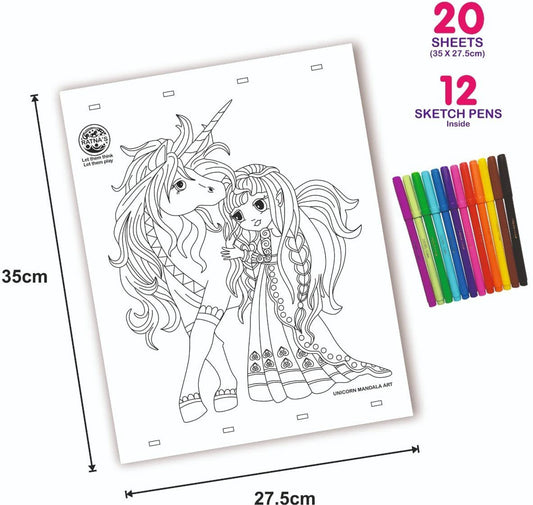 Ratna’s Unicorn Mandala Art Colouring Kit – 20 Sheets with 12 Sketch Pens (5–9 Years)