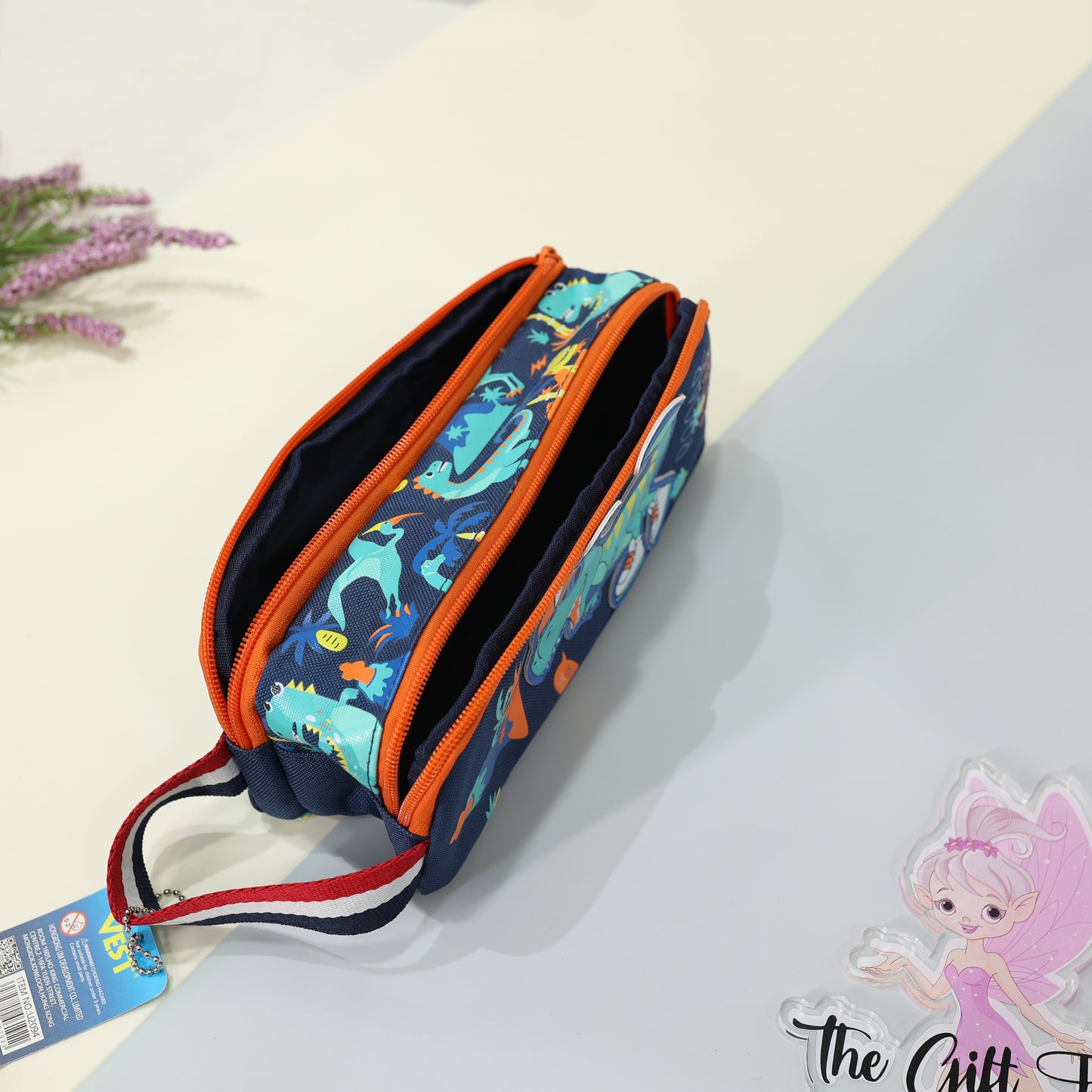 Cool Dino Kids Pencil Pouch – Navy Blue & Orange Zipper