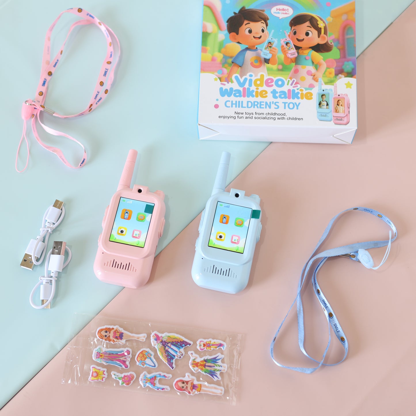 Kids Video Walkie Talkie Toy Set with Camera, Stickers & Lanyard