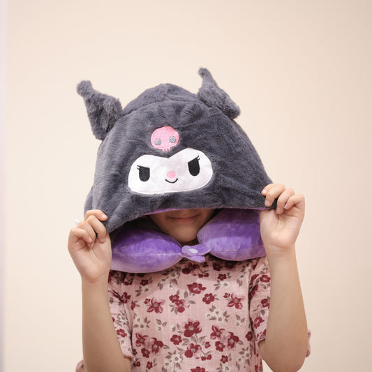 Kuromi Kids Neck Pillow with Hoodie | Cartoon Travel Cushion