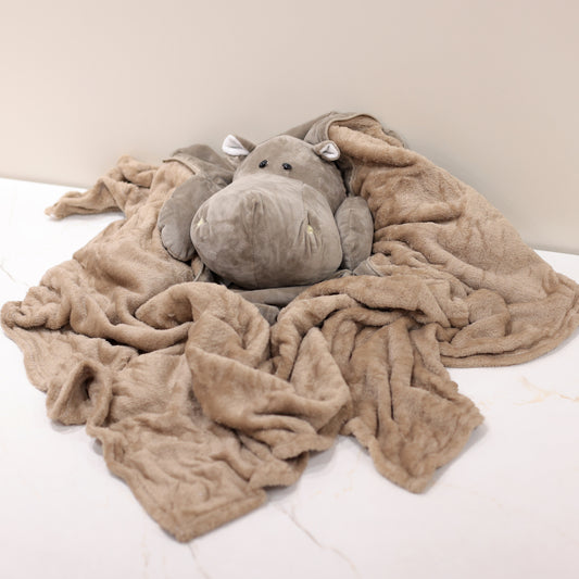 Hippo Soft Toy with Hidden Blanket | Travel-Friendly Plush Comfort.
