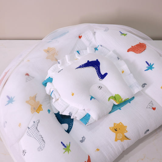 Pure Muslin Foldable Baby Mosquito Net Bed with Mattress and Pillow – Dino Print