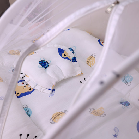 Pure Muslin Foldable Baby Mosquito Net Bed with Mattress and Pillow – Space Print