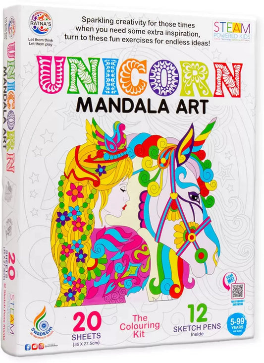 Ratna’s Unicorn Mandala Art Colouring Kit – 20 Sheets with 12 Sketch Pens (5–9 Years)
