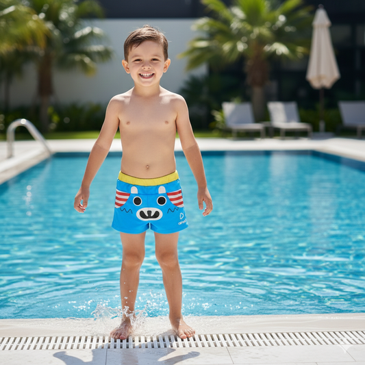 Kids Cartoon Bear Swim Shorts – Blue Pool & Beach Shorts for Boys