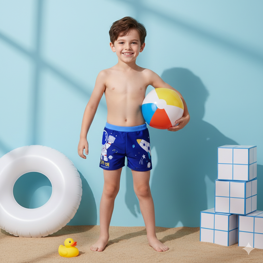 Kids Astronaut Swim Shorts – Space Cartoon Beach & Pool Shorts for Boys