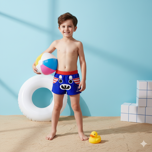 Kids Cartoon Bear Swim Shorts – Blue Beach & Pool Swimwear for Boys
