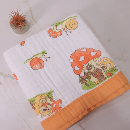Baby Cotton Muslin Blanket – Snail & Mushroom Print Swaddle Wrap