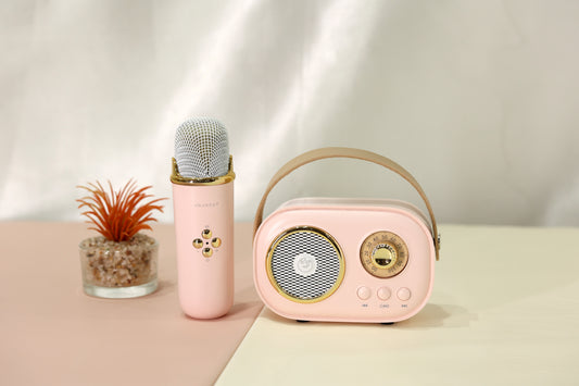 Retro Style Bluetooth Speaker with Wireless Karaoke Microphone