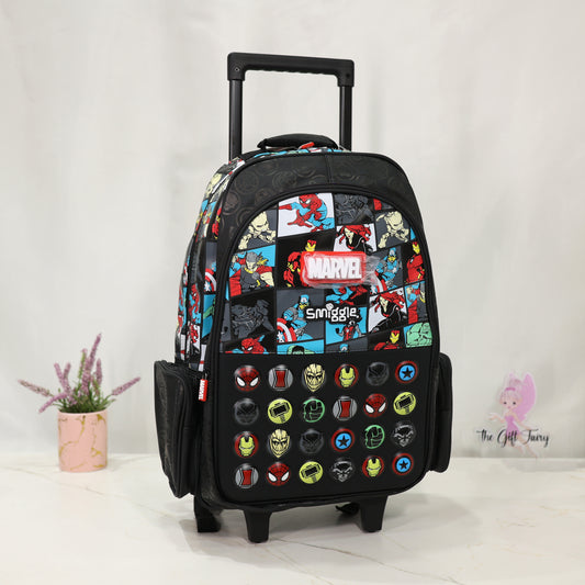 Smiggle Kids Trolley School Backpack Marvel Black with LightUp Wheels [18 INCH]