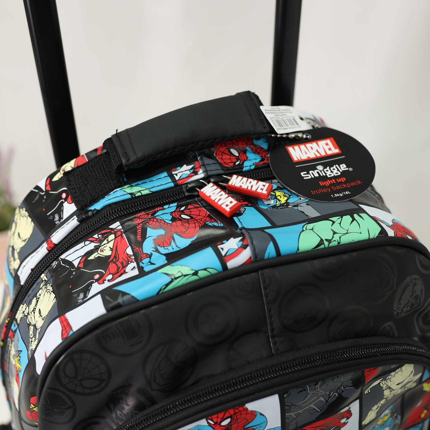 Smiggle Kids Trolley School Backpack Marvel Black with LightUp Wheels [18 INCH]