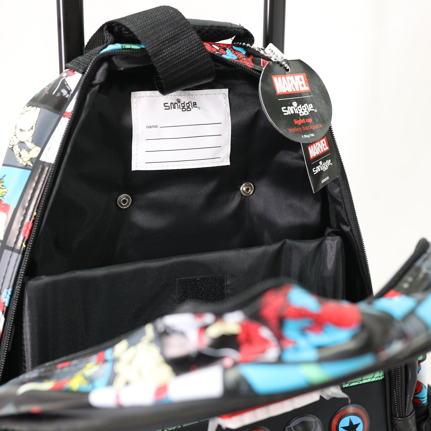 Smiggle Kids Trolley School Backpack Marvel Black with LightUp Wheels [18 INCH]