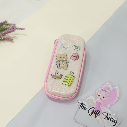 Kids Premium Glittery Hardtop Stationery Pouch – Cute Cartoon Designs