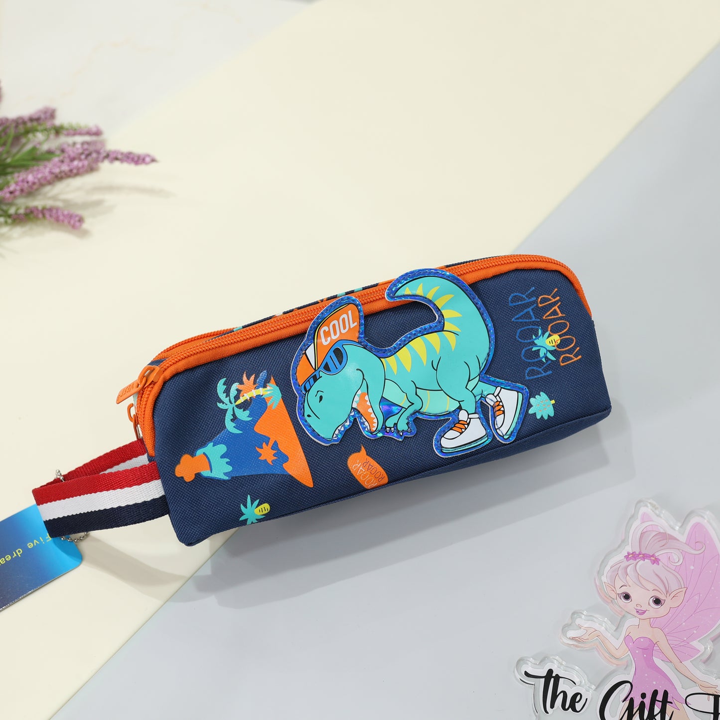 Cool Dino Kids Pencil Pouch – Navy Blue & Orange Zipper