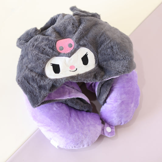 Kuromi Kids Neck Pillow with Hoodie | Cartoon Travel Cushion