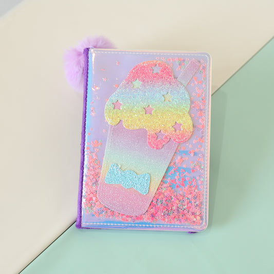 Ice Cream Liquid Glitter Diary with Furry Back & Pom-Pom Bookmark