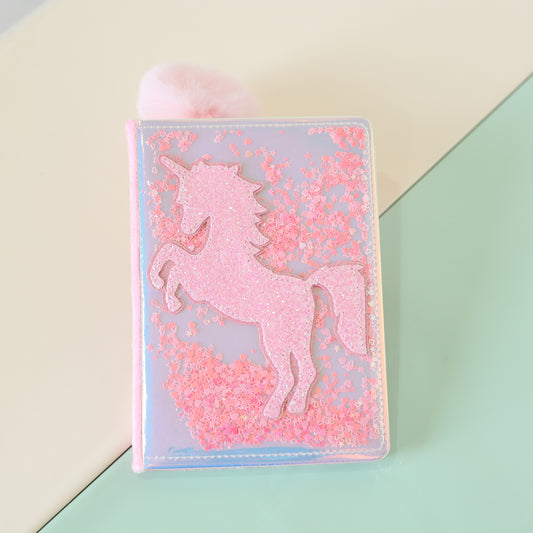 Unicorn Liquid Glitter Diary with Furry Back & Pom-Pom Bookmark