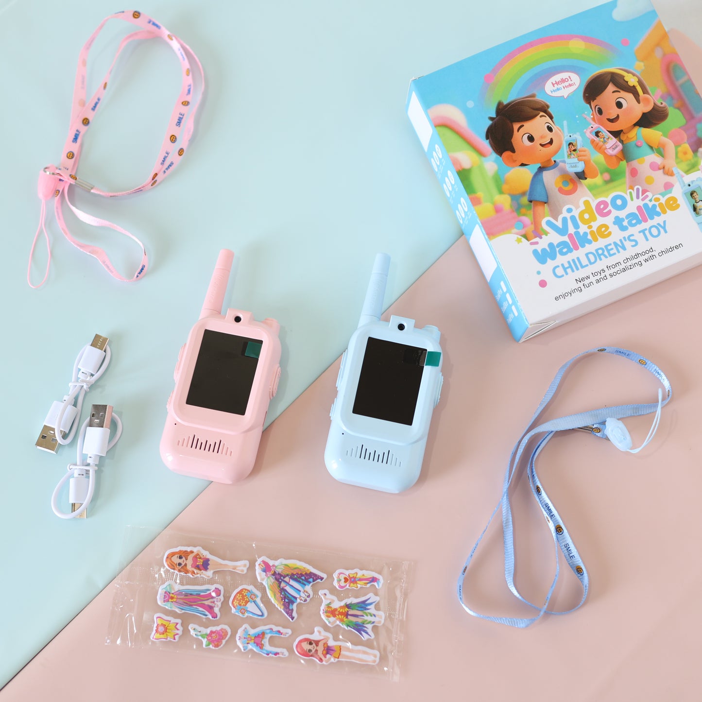 Kids Video Walkie Talkie Toy Set with Camera, Stickers & Lanyard