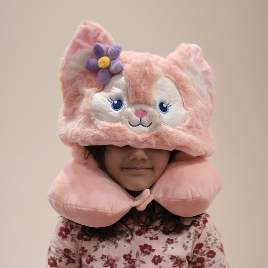 Kids Plush Neck Pillow with Hoodie | Kitty Travel Cushion