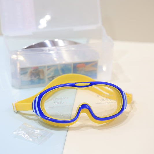Kids Anti-Fog Swimming Goggles wither Plugs | UV Protection and Storage Case – [Yellow & Blue]