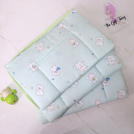 Pure Muslin Baby Mattress Set with 3 Replacement Mattresses + 1 Waterproof Sheet – Mint Bunny Print.