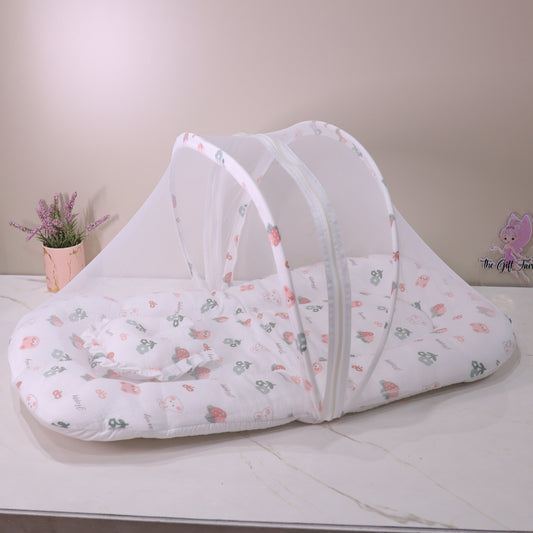 Pure Muslin Foldable Baby Mosquito Net Bed with Mattress and Pillow – Strawberry Print