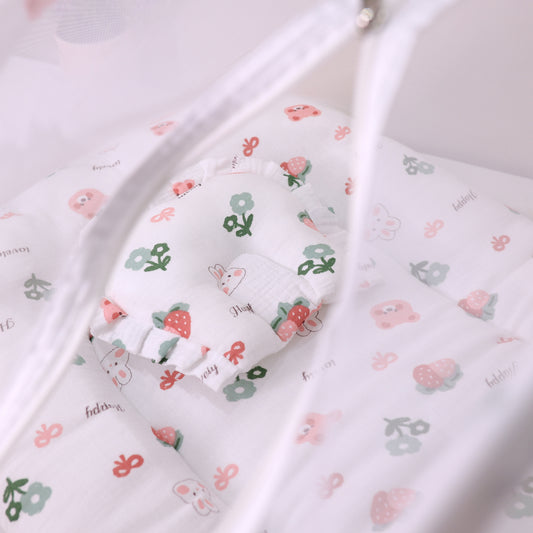 Pure Muslin Foldable Baby Mosquito Net Bed with Mattress and Pillow – Strawberry Print