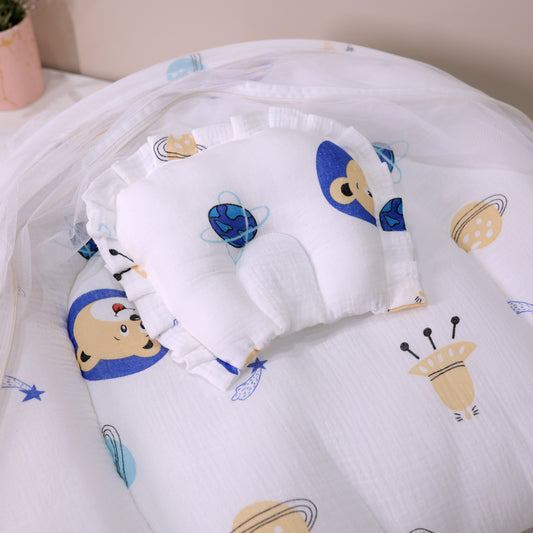 Pure Muslin Foldable Baby Mosquito Net Bed with Mattress and Pillow – Space Print