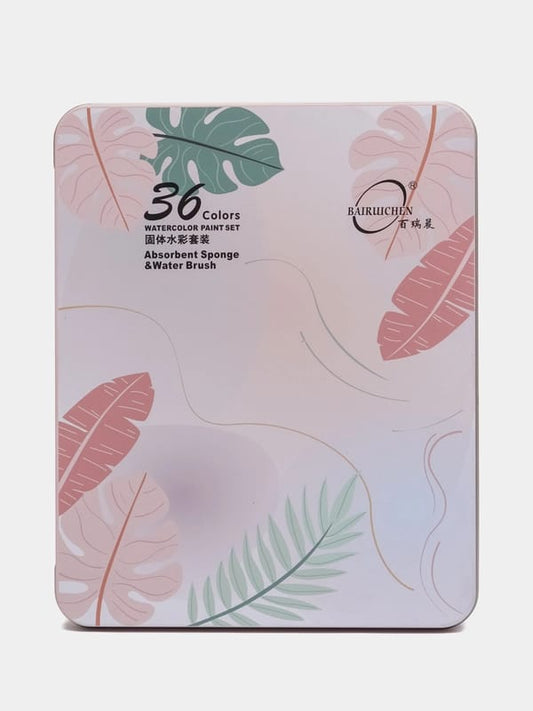 36 Color Solid Watercolor Cakes Set with Brush, Pencil, Sharpener & Sponge