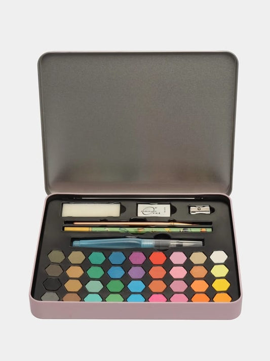 36 Color Solid Watercolor Cakes Set with Brush, Pencil, Sharpener & Sponge